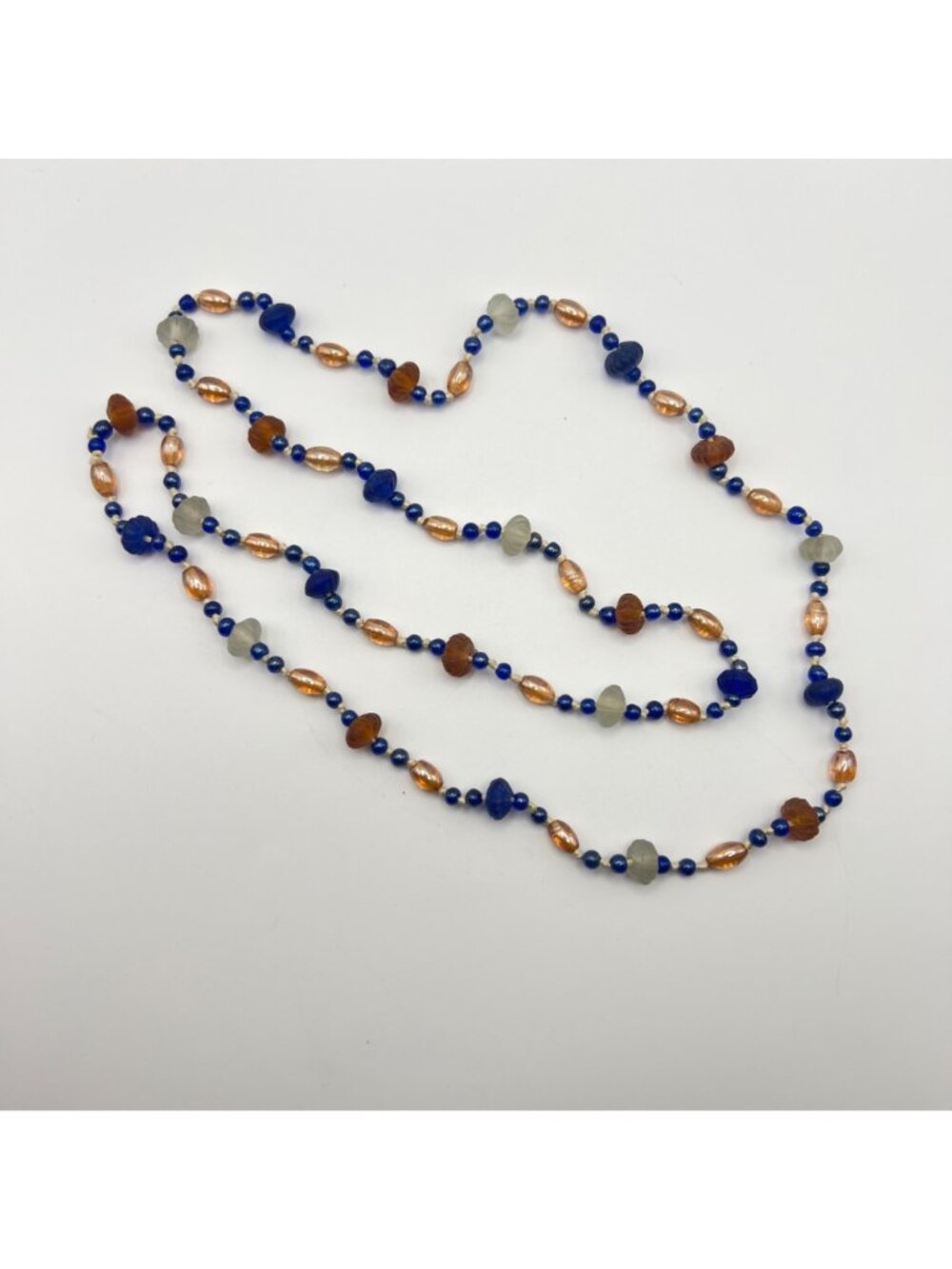 Vintage Hand Knotted Glass Bead Necklace 36" Cobalt Blue Amber Frosted White - Picture 3 of 8
